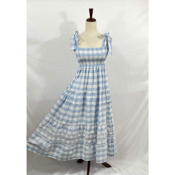 MI GOLONDRINA S Small Valeria Blue White Gingham Check Tie Shoulder Midi Dress - Picture 1 of 7